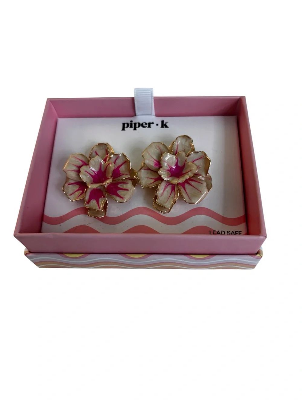 Piper K Hand Painted Creme & Fuchsia Gold Edged Floral Stud Earrings.